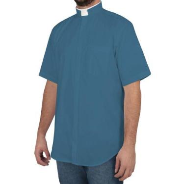 Imagem de Camisa Clerical Romana Manga Curta Azul - Algodão - Fruivita