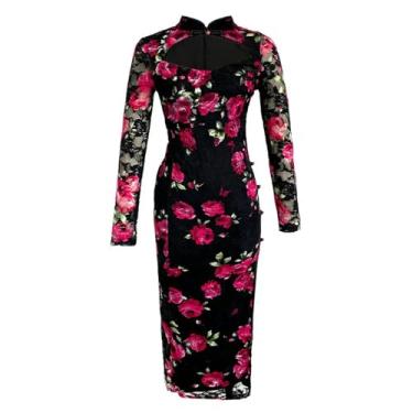 Imagem de MAIFURUN Vestido Cheongsam com fenda vazada, retrô, temperamento melhorado, Preto, GG