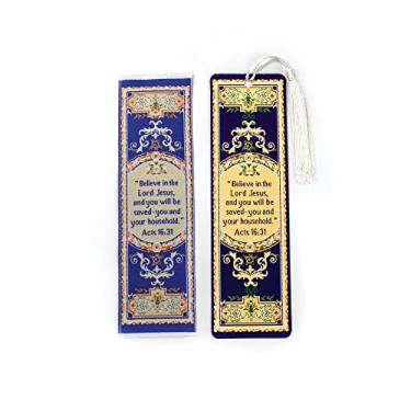 Imagem de Marcador de livro bíblico de tecido com marcador de livro de borla bônus - Atos 16:31: marcadores de livro da Bíblia Believe in The Lord Jesus - Marcadores cristãos para mulheres e homens - Marcadores