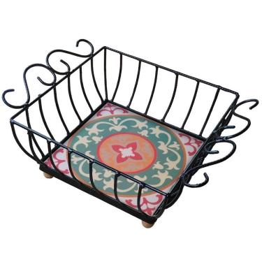 Imagem de Fruteira De Mesa Ferro E Azulejo Quadrada Grande Pra Cozinha Azulejo G2