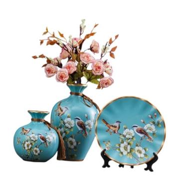 Imagem de WeiLaiKeQi 3 peças de vasos de cerâmica, recipientes para plantas, ornamentos modernos, vasos decorativos, arranjos de flores para estante, cozinha, Azul