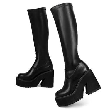 Imagem de AMINUGAL Botas femininas elásticas até o joelho plataforma bloco grosso salto alto meias botas com zíper bico redondo moda motocicleta combate punk botas para mulheres, A - Preto, 9