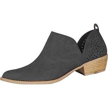 Imagem de Botas de cano curto femininas bico redondo sem cadarço corte V botas curtas cor sólida botas de salto baixo grosso botas de couro, Preto, 9.5