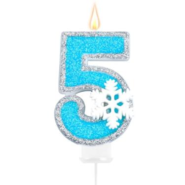 Imagem de Velas de aniversário com tema Frozen, decoração de festa, azul e prata, número 5, vela de feliz aniversário para bolo, decoração de topo de bolo de floco de neve para artigos de festa de 5 anos de
