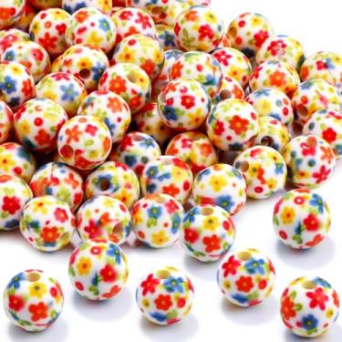 Imagem de 100 peças de contas de resina de 10 mm a granel para kit de fabricação de pulseiras, contas soltas redondas impressas florais coloridas para joias, brincos, colar, anéis, arte, artesanato, projetos