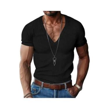 Imagem de Camiseta Masculina Slim Fit De Veludo Cotelê Com Decote Em V, Cor Sóli