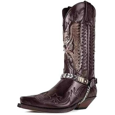 Imagem de Botas Masculinas De Cowboy Ocidentais, Botas Casuais Grandes Da Moda, Botas Bordadas De Salto Quadrado Longo, Botas Masculinas Casuais Com Zíper E Fivela Para Motocicleta,Marrom,40 UE,Collector88