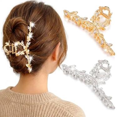 Imagem de Pecieco Grampos de garra de cabelo de folha de strass para mulheres, acessórios de cabelo de videira grande para casamento noiva e dama de honra (pacote com 2 ouro e prata)