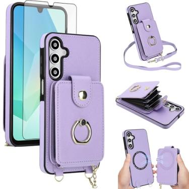 Imagem de Capa de telefone para Samsung Galaxy A17/A26 5G capa carteira magnética e protetor de tela anel suporte alça transversal cordão compatível com bloqueio MagSafe RFID A 17 26 17A 26A para mulheres roxo