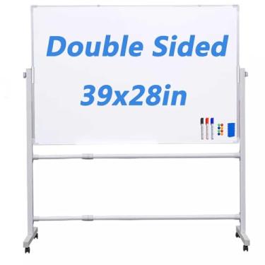 Imagem de Lylunnamsp Quadro branco com rolamento, quadro magnético apagável a seco de dupla face, quadro branco ajustável em altura sobre rodas, com moldura de alumínio resistente, para sala de aula de