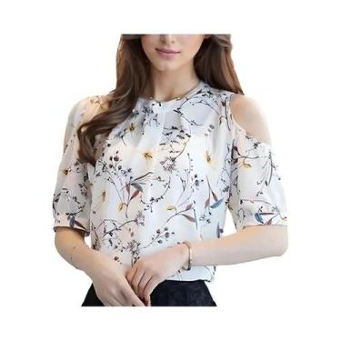Imagem de Blusa Feminina De Chiffon Estampada Com Ombros Descidos E Manga Curta,