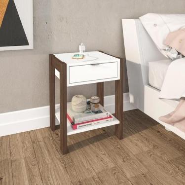 Imagem de Mesa De Cabeceira Com Tomada 1 Gaveta Quarto Branco Nogal - Tecno Mobi