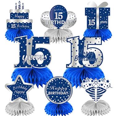 Imagem de 8Pcs 15th birthday Honeycomb Centerpieces Decorations for Boys, Blue Silver 15 Year Old Birthday Table Centerpiece Party Supplies, Fifteen Birthday Table Topper Decor Sign
