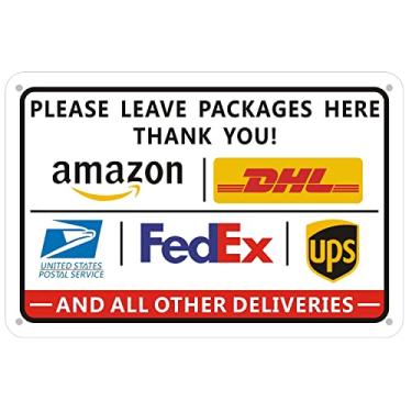 Imagem de HEIOKEY Sinal de entrega por favor deixe pacotes aqui, 30 x 20 cm, placa de entrega de pacote de alumínio - sinal de instruções de entrega para pacotes da Amazon, DHL, FedEx, USPS, UPS, uso interno e externo para casa, negócios