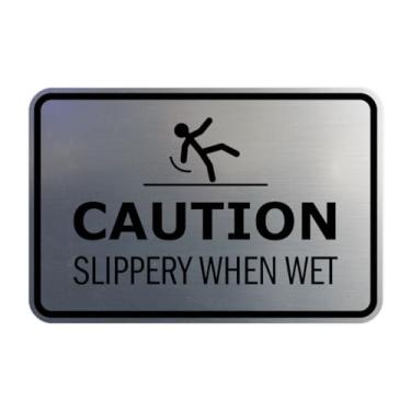 Imagem de Signs ByLITA Cuidado emoldurado clássico: Slippery When Wet Door or Wall Sign Easy Installation | Saúde e segurança | Placa de construção e aviso (prata escovada) - Pequeno