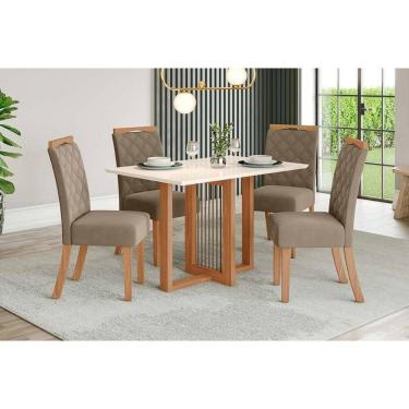 Imagem de Conjunto: Mesa de Cozinha Natalí c/ Tampo Madeirado c/ Vidro Reto 120x80cm e 4 Cadeiras Bella Nature/Suede Light Marrom Amendoa - Henn