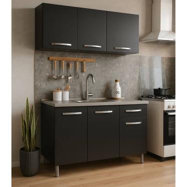 Imagem de Kit Balcão de Pia e Armário Aéreo 1,20m Cozinha Preto