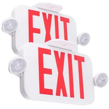 Imagem de LIT-PaTH Sinal de saída de emergência LED Combo com 2 luzes de cabeça ajustáveis e baterias de reserva - Iluminação de saída de emergência com letras vermelhas padrão dos EUA, UL 924 e CEC qualificado, tensão 120-277 (pacote com 2)