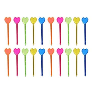 Imagem de 100 palitos de frutas de plástico multicolorido, palitos de coração, palitos de aperitivos, palitos de petisco, palitos de bebida, decorações de coquetel, palitos de coração e coquetéis