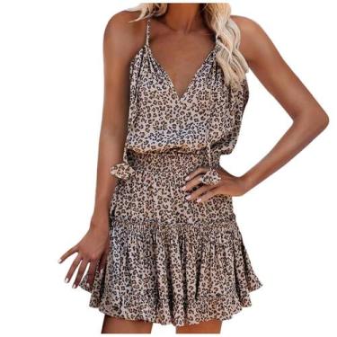 Imagem de Vestido feminino casual estampado com decote em V sem mangas - HUOGUO