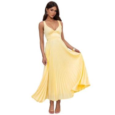 Imagem de Vestido de dama de honra QIAGE amarelo de cetim com decote em V plissa
