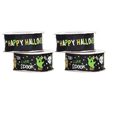 Imagem de Fita de Halloween decorativa de poliéster 4 rolos de 1 polegada de largura 10 jardas padrão de desenho animado fita de borda com fio durável para embrulho de presente de festa