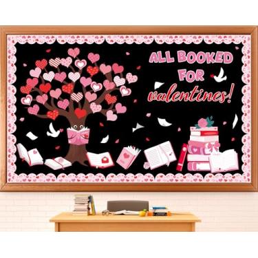 Imagem de Conjunto de quadro de avisos de sala de aula para o dia dos namorados, decoração de quadro de avisos, árvore de leitura, grande coração, recortes, vermelho, rosa, coração, livros, recortes para o dia