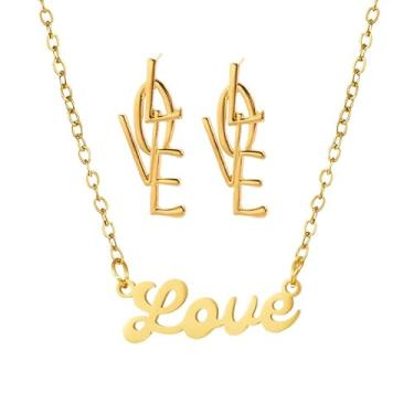 Imagem de ONLYJUMP Conjunto de joias do alfabeto do amor para mulheres, colar com pingente de liga de prata e ouro e brincos vintage, acessório de moda vintage para presentes de casamento e aniversário dos