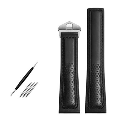 Imagem de TPUOTI Pulseira de relógio de couro de vaca de 22 mm para tag Heuer Fiyta Tissot Pulseira de couro genuíno com pontos vermelhos (preto e prata)