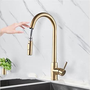 Imagem de Torneira de cozinha de toque inteligente torneiras de sensor de sondagem de ouro escovado preto/níquel 360 guindaste de rotação 2 torneiras misturadoras de água, sensor de ouro escovado, china