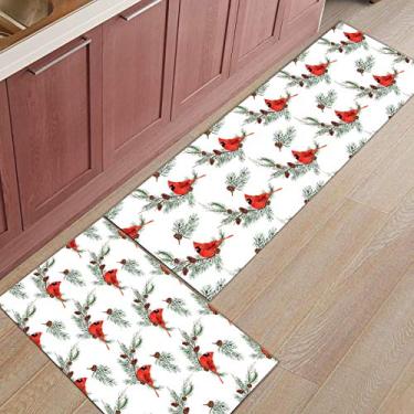 Imagem de Tapete de corredor de cozinha, pássaro natural feliz natal com galhos de pinheiro tapete antiderrapante tapete de porta tapete para lavanderia, banheiro, quarto, conjunto de 2