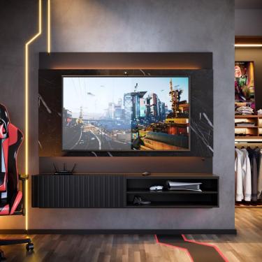 Imagem de Painel para TV até 65 Polegadas Ripado com Marmorizado 3D e Fita de LED Ibiza Plus Yescasa Preto Fosco/Grigio