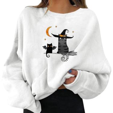 Imagem de Moletom feminino com estampa de Halloween, gola redonda, pulôver, tops, camisas casuais de manga comprida, blusa solta/386 (Color : A08-white, Size : XX-Large)