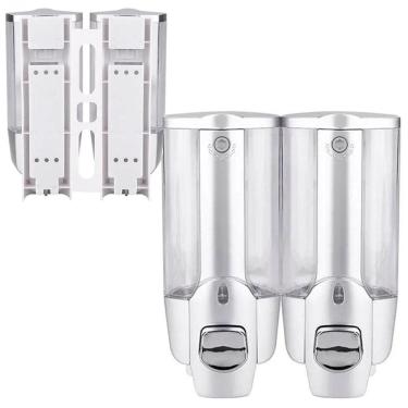 Imagem de Dispenser Duplo Detergente Sabao Liquido Alcool Gel Parede Shampoo Condiconador Hotel Shopping