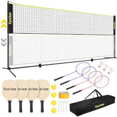Imagem de TYRSEN Conjunto de rede portátil de badminton para pickleball, rede multifuncional de 4 m de altura ajustável com 4 raquetes de pickleball, 4 raquetes de badminton, rede independente para esportes