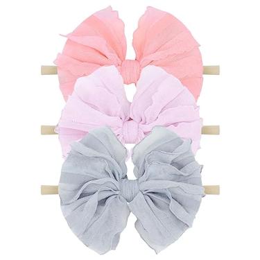 Imagem de Lanmerry Bandanas elásticas com nó macio para bebês meninas com laços de cabelo para recém-nascidos e crianças pequenas, acessórios de cabelo roxos, cinza, rosa, 3 peças