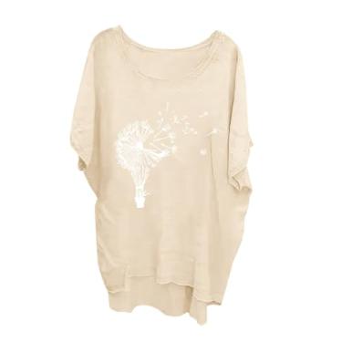 Imagem de Camisetas femininas de linho estampadas com estampa casual solta básica túnica gola redonda manga curta blusa grande 2024, Bege, G