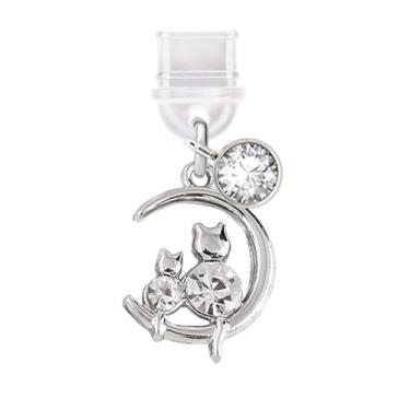 Imagem de ELISE & FONDA TP384 Tipo-C porta de carregamento USB plugue antipoeira gato gatinho na lua pingente de celular para iPhone 15/Samsung/OnePlus/Xiaomi/oppo telefones Android (branco), approx.1.6 cm (L)