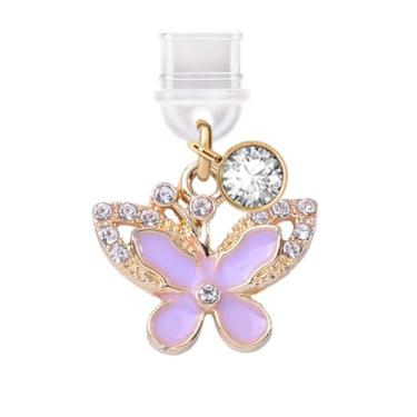 Imagem de ELISE & FONDA TP360 Tipo-C porta de carregamento USB plugue antipoeira pequena borboleta de cristal pingente de telefone celular para iPhone 15 e Samsung/OnePlus/Xiaomi/oppo telefones Android (roxo),