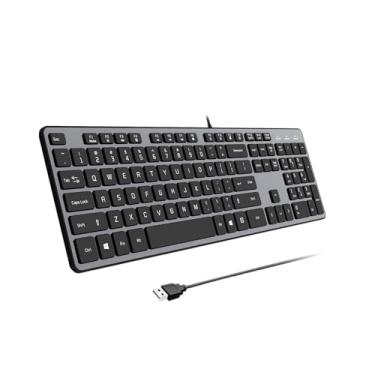 Imagem de B.FRIENDIT Teclado USB com fio, teclas de chocolate silenciosas confortáveis, teclado de computador com fio ultrafino durável (QWERTY) para PC, Windows 11/10/8/7/XP/Vista KB1430 - cinza