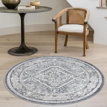 Imagem de KUTA Tapete redondo oriental de 900 cm, cinza lavável, boêmio, círculo, área interna, antiderrapante, vintage, medalhão para entrada, casa de fazenda, cozinha, sala de jantar, mesa