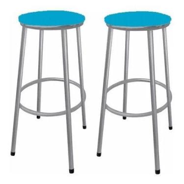 Imagem de Kit 2 Banco Banqueta Alta Sem Encosto - Moveraço, Prata, Assento Azul-