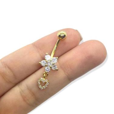 Imagem de Piercing Umbigo Flor e Coração Pingente Banhado A Ouro - RaraSteel Pie