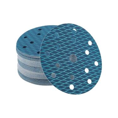 Imagem de VekAuto 50 discos de lixa, lixa universal de 15 furos de 15 furos 180 gramatura para metal, reparo automotivo durabilidade e flexibilidade, papel de óxido de alumínio azul