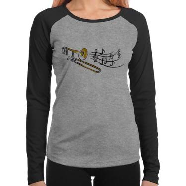Imagem de Baby Look Raglan Trombone Notas Musicais Manga Longa - Foca na Moda, C