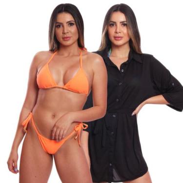 Imagem de Kit Saída de Praia Chemise Camisão Feminino + Biquini Cortininha de Am