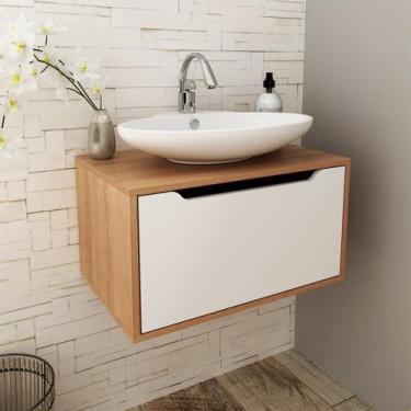 Imagem de Balcão Gabinete para Cuba Banheiro com 1 Porta 60x33cm Amêndoa Branco 