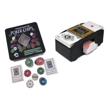 Imagem de Kit Fichas Poker 100 Pçs Dois Baralhos + Embaralhador Cartas - Kadê