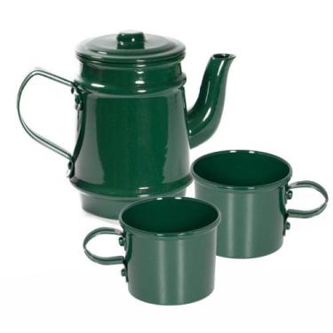Imagem de Kit Bule 400ml + 2 Xícaras 100ml Pintados Em Alumínio Verde Escuro - A
