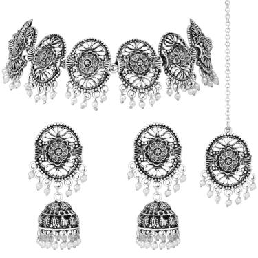 Imagem de Aheli Colar gargantilha com contas de metal banhado a prata tradicional Jhumki brincos étnicos conjunto de joias presente para mulheres, Onesize, Metal, contas de metal